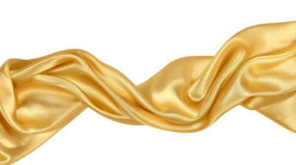 Flying gold silk textile fabric flag background. Smooth, elegant golden Satin Isolated on a Transparent Background for a grand opening ceremony. Yellow curtain.