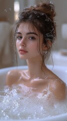 Young woman relaxing in a bubble bath, enjoying a moment of peace and tranquility.