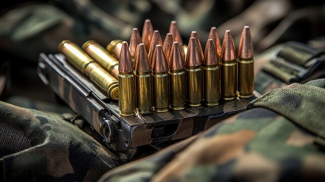 A close-up image of rifle bullets arranged in a clip, resting on camouflage fabric, highlighting the metallic texture and sharp tips of the ammunition.