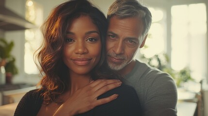 Interracial couple intimate portrait in domestic kitchen setting natural window light authentic connection loving embrace