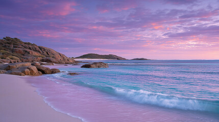 Quiet beach with soft white sand and gentle waves under colorful purple and pink sky at sunset, with rocky formations and distant islands creating peaceful coastal scene