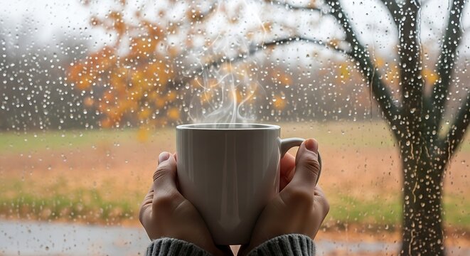 A person holding a steaming mug in front of a window with raindrops, an autumnal tree visible outside.