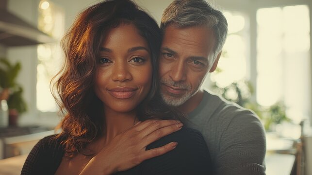 Interracial couple intimate portrait in domestic kitchen setting natural window light authentic connection loving embrace
