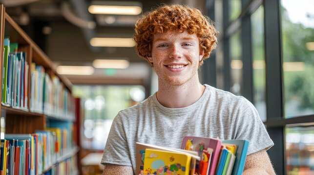 Diverse teachers young white male educator curly red hair genuine smile holding colorful children's books modern classroom library natural lighting - Powered by Adobe