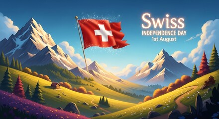 Swiss Independence Day Celebration, Alpine Landscape Illustration