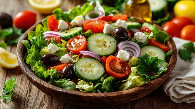 Colorful garden salad composition with mixed vegetables, lettuce, tomatoes, cucumber, red onion and feta cheese arranged in rustic bowl