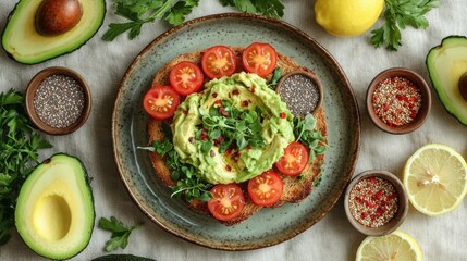 Avocado toast with mashed avocado cherry tomatoes and microgreens on artisan bread flat lay composition with fresh ingredients