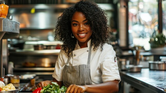 Diverse chefs African American woman chef curly hair warm smile working with vegetables in commercial kitchen professional culinary environment - Powered by Adobe