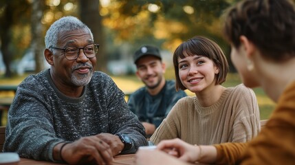 Veterans gathering intergenerational diverse Black male older glasses young woman park table natural lighting genuine smiles autumn background