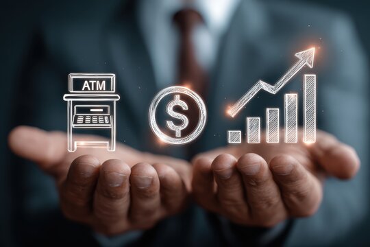 Businessman presenting digital financial symbols of ATM, dollar sign, and growth chart in hands - Powered by Adobe