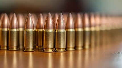 Close-up image of rows of copper-tipped bullets standing upright on a wooden surface, focusing on the front three rounds with a blurred background.