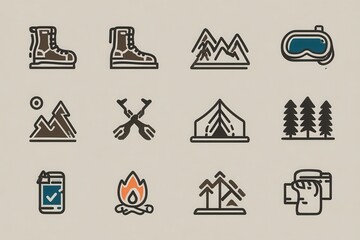 Collection of outdoor adventure icons featuring hiking boots, mountains, and camping gear