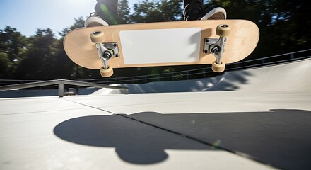 Skateboarder performing a trick, jumping with a wooden skateboard in a skatepark, casting a shadow on the concrete.