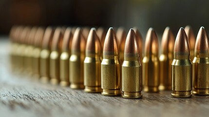 Rows of copper-tipped bullets standing upright, focusing on the sharp tips with a blurred background.