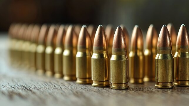 Rows of copper-tipped bullets standing upright, focusing on the sharp tips with a blurred background.