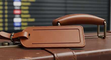 Close-up of a brown leather luggage tag attached to a suitcase, with an airport departure board visible in the blurred background.