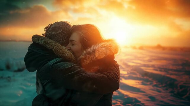 Friends share a hug on a cold winter day as the sun sets.