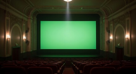 Interior view of a vintage movie theater with red seats and a large green screen illuminated by a spotlight.