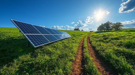 Solar panel powers rural scene. Green energy concept with path, blue sky, sun, marketing, web, design, clean power, ecological solution.