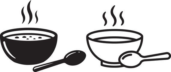 Two steaming cups of soup with spoons silhouette