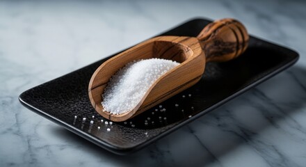Wooden scoop filled with coarse sea salt on a black plate