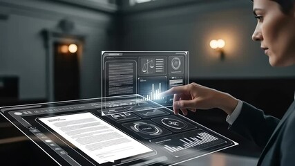 Futuristic professional analyzing complex data points on a holographic interface. A businesswoman using an advanced transparent touch screen for business intelligence and legal review. - Powered by Adobe