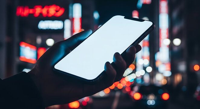 A person holds a smartphone with a bright white screen at night, with blurred city lights and neon signs in the background. - Powered by Adobe