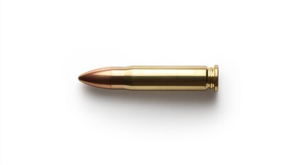 A single brass rifle bullet cartridge isolated on a white background, showing the pointed tip and metallic casing.