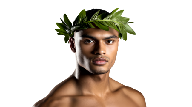 Young Hispanic man wearing a green laurel wreath portrait, cut out transparent