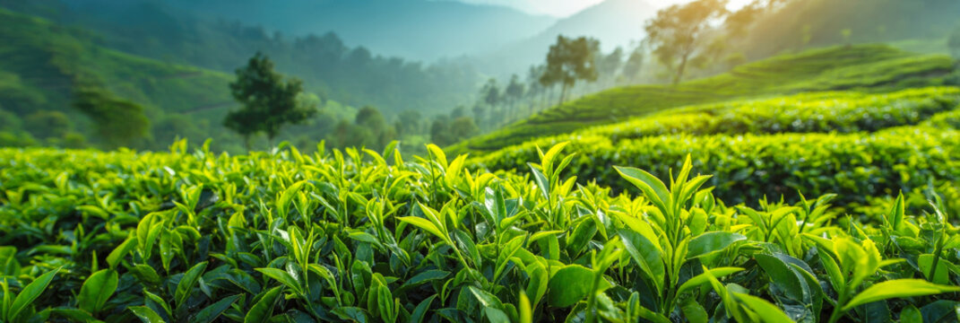 vibrant green tea leaves in a vast plantation, illuminated by the warm glow of sunrise. Ideal for themes of nature, agriculture, travel, and tranquility