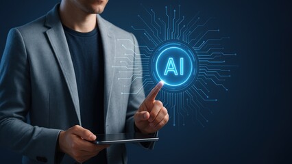 Man in blazer points to glowing AI circuit circle while holding tablet, Modern interface shows Search Interface and AI Results in digital setting