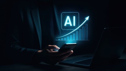 Man in suit holding phone with glowing AI icon and graph overlay, Professional Search Interface scene showing AI Results and business innovation
