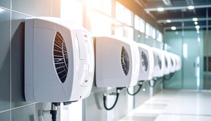 Modern HVAC units lined up in a hallway