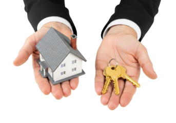 Professional light-skinned hands in a black suit present a miniature white house model with a red chimney and golden keys on a transparent background with copy space, no shadows, close-up. Concept