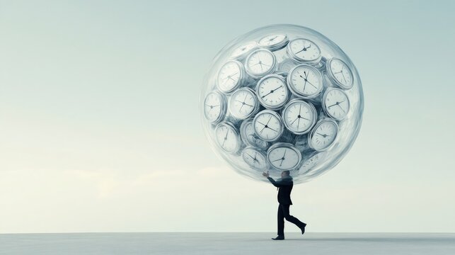 Businessman carrying a heavy sphere full of clocks, representing the burden of time management, deadlines, and stress in a challenging business environment - Powered by Adobe