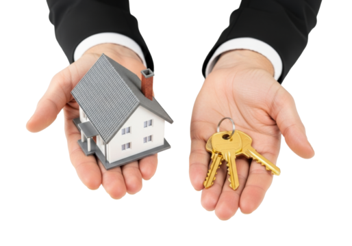 Professional light-skinned hands in a black suit present a miniature white house model with a red chimney and golden keys on a transparent background with copy space, no shadows, close-up. Concept