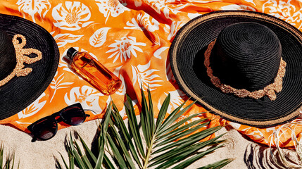 Summer beach flat lay with straw hat, sunscreen, passport, vibrant towels, and palm leaf shadows on sand, sunlit with space for text or product placement
