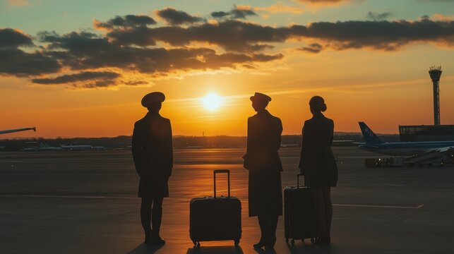 Airport tarmac silhouettes, showcasing aviation crew against dramatic sunset sky