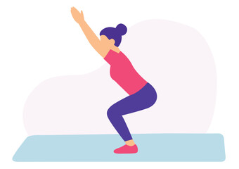 Woman in chair pose flat yoga vector. Flat vector of yoga chair position. Minimalist chair pose yoga artwork.