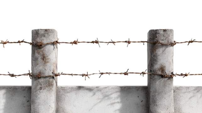 Rusty barbed wire fence on concrete posts