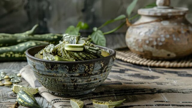 Vintage stoneware bowl filled with fresh herbs and spices on a wooden table.