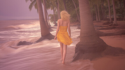 Dreamy tropical shore at sunset with a young woman in a flowing beach dress, soft motion blur, coconut trees, and warm light. Left side space ideal for overlay text