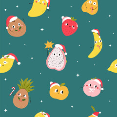 Cute Christmas Seamless Pattern with Cartoon Fruits. Lemon, Strawberry, Banana, Pineapple, Mango and More in Santa Hats