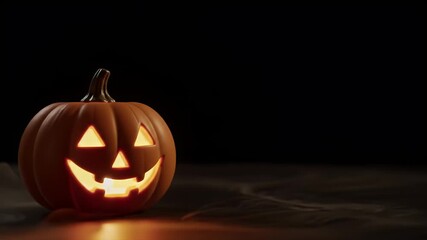 A glowing jack-o'-lantern with a carved smiling face sits in the dark, casting a warm light on the surface below. - Powered by Adobe
