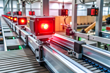 A closeup view of a modern factory conveyor belt with illuminated red indicator lights, signifying automated production processes