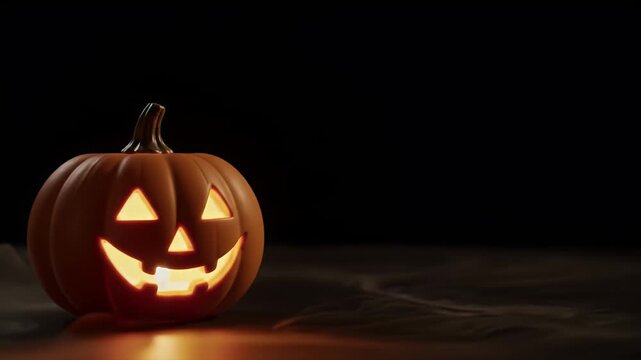 A glowing jack-o'-lantern with a carved smiling face sits in the dark, casting a warm light on the surface below.