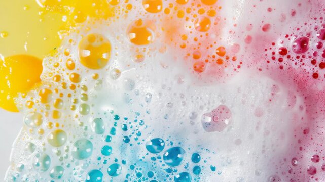 Brightly colored sudsy foam floating in the air. Soap bubbles with a variety of colors.