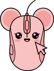 Cute Cartoon Pink Computer Mouse with Mouse Ears and a Cursor Smiling Adorably on a White Background