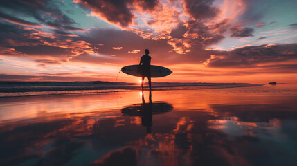 Cinematic sunset surfing scene — surfer silhouette against glowing sky, vivid orange and violet tones, water reflections and dramatic waves create an intense, atmospheric moment