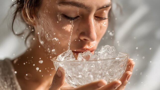 Woman Washing Face Ice, Refreshing Skincare Beauty Routine, Cold Water Facial Treatment, Eyes Closed Rejuvenating Feeling